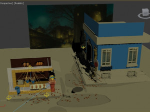 bakery coffee maker croissants bread lantern house road sign hatch mailbox street flooded 3D Модель