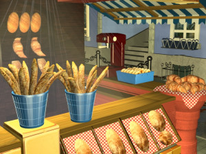 bakery coffee maker croissants bread lantern house road sign hatch mailbox street flooded 3D Модель