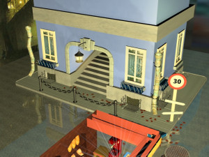 bakery coffee maker croissants bread lantern house road sign hatch mailbox street flooded 3D Модель