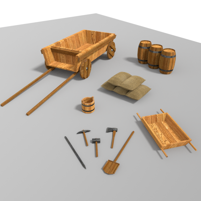 old wagon and entrenching tools low poly Model 3D .c4d .max .obj .3ds .fbx .stl .blend 