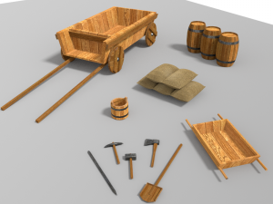 old wagon and entrenching tools low poly 3D Model