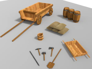 vagão antigo e ferramentas de entrincheiramento low poly Modelo 3D