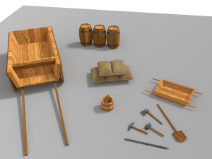 old wagon and entrenching tools low poly Model 3D
