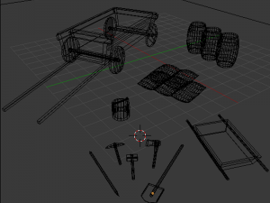 old wagon and entrenching tools low poly Model 3D