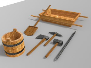 old wagon and entrenching tools low poly Model 3D