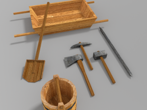 old wagon and entrenching tools low poly Model 3D