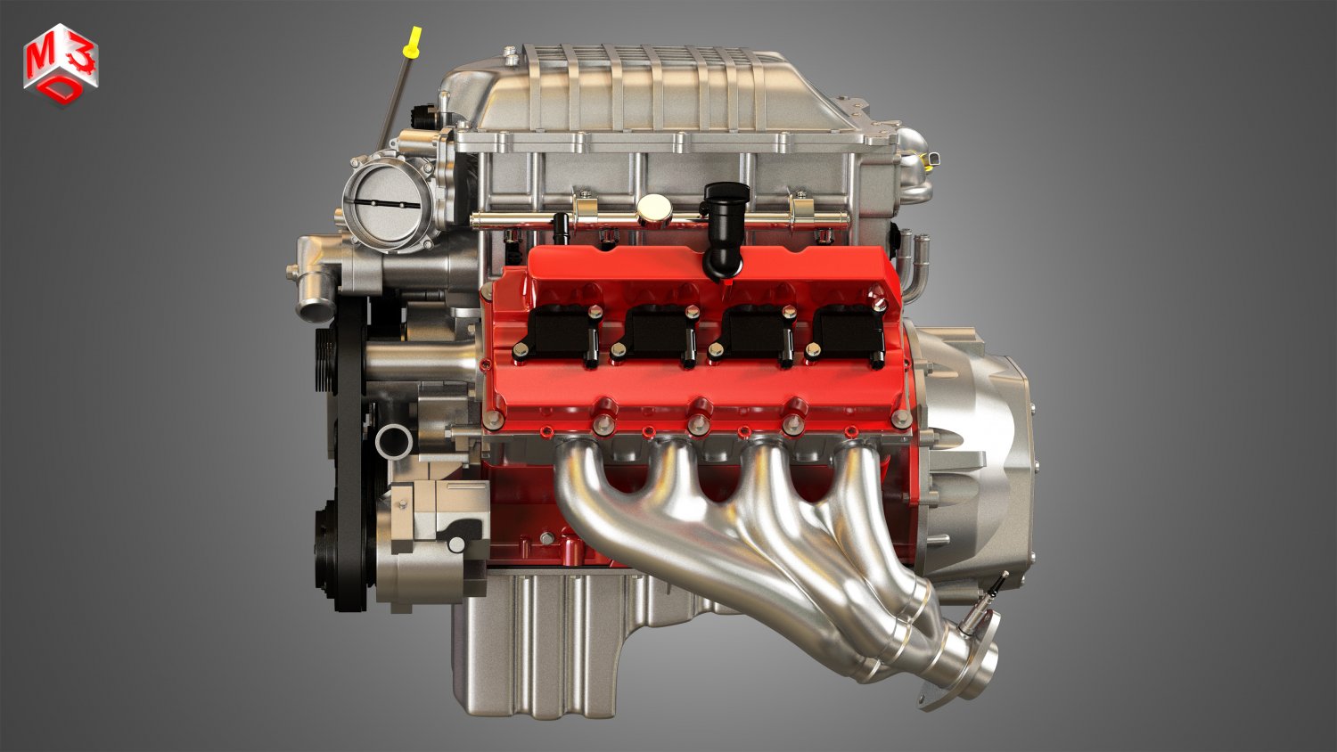Red Engine With Supercharger Front View 3d Render On White
