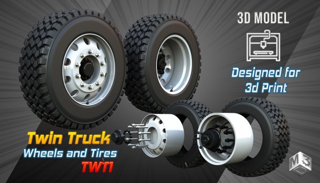 Twin Truck Wheels and Tires TWT1 3D Модель .c4d .max .obj .3ds .fbx .stl .blend 