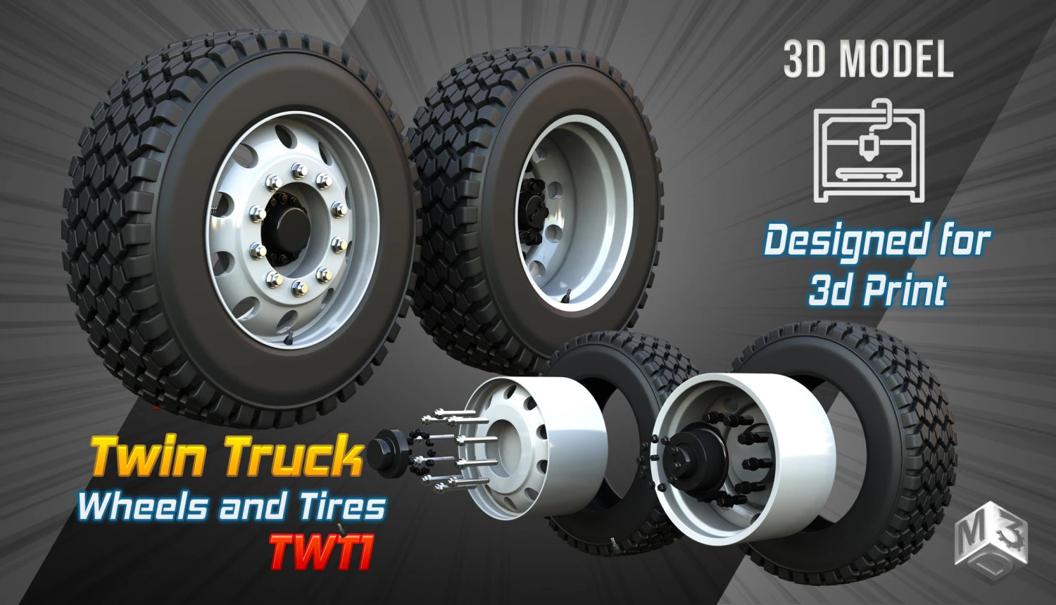 Twin Truck Wheels and Tires TWT1 3D Model .c4d .max .obj .3ds .fbx .stl .blend