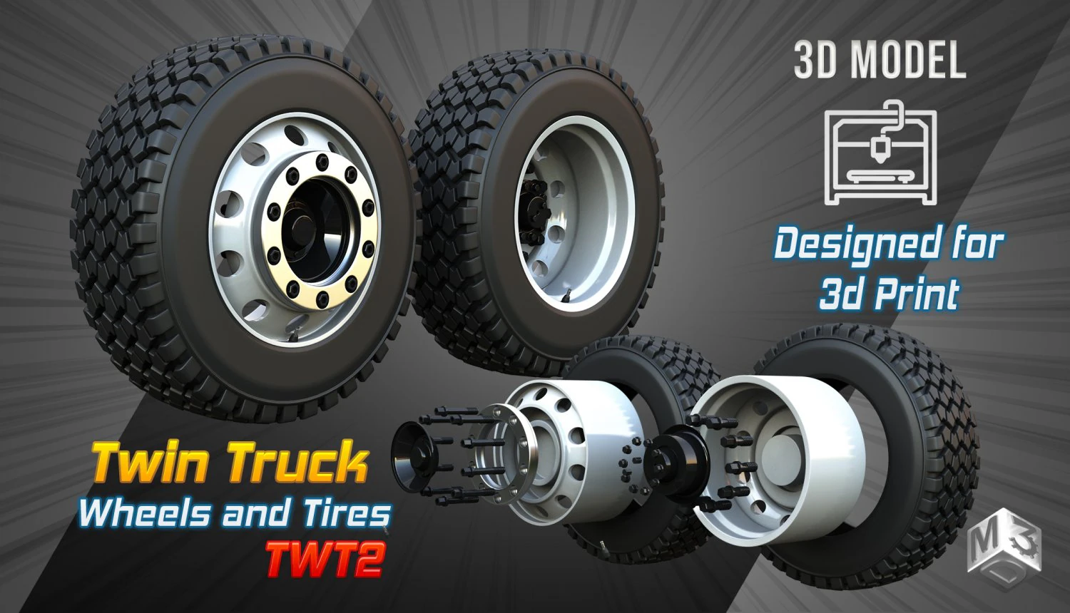 Twin Truck Wheels and Tires TWT2 3D Model .c4d .max .obj .3ds .fbx .stl .blend 