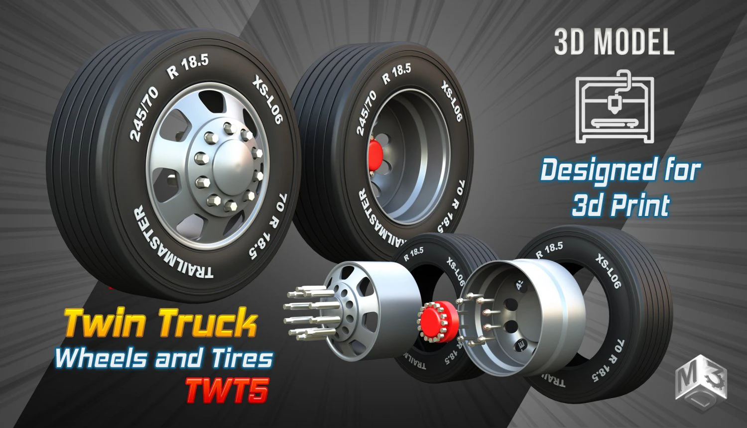 Twin Truck Wheels and Tires TWT5 3D Model .c4d .max .obj .3ds .fbx .stl .blend