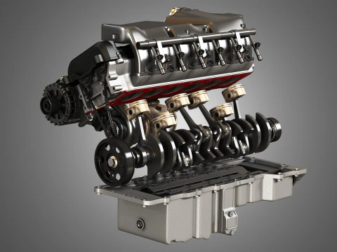 V12 Twin Turbo Car - Engine Full Internal and External Parts 3D Model