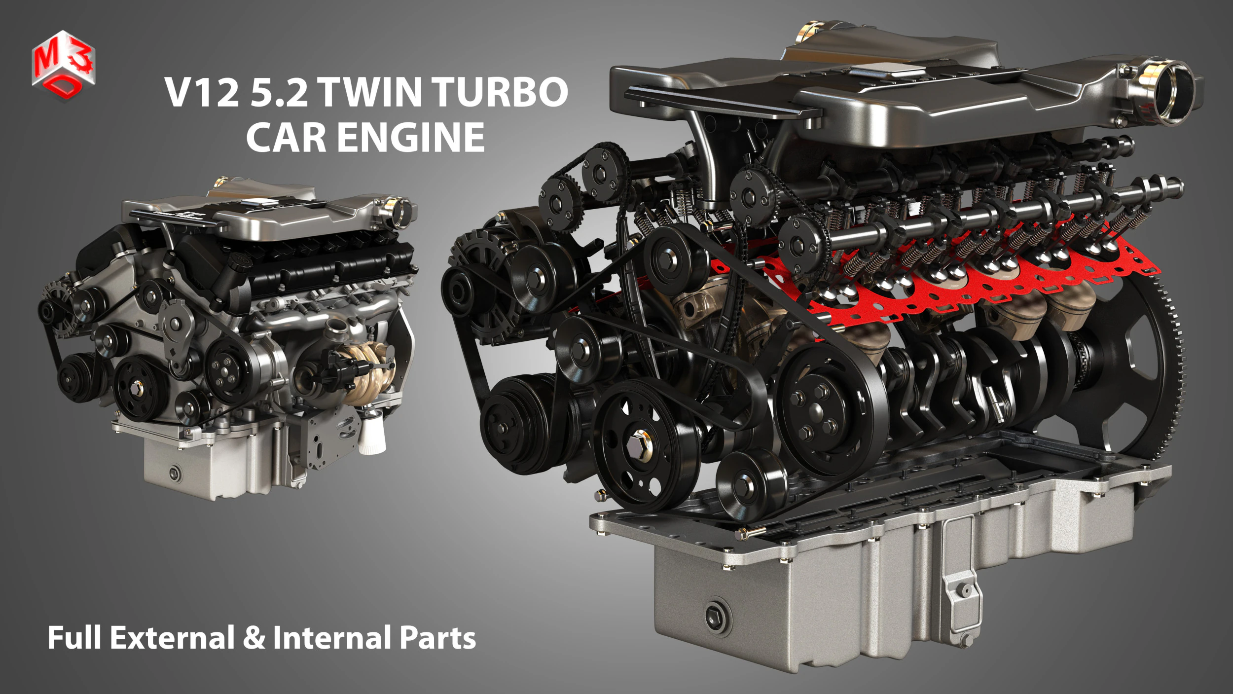 V12 Twin Turbo Car - Engine Full Internal and External Parts 3D Model .c4d .max .obj .3ds .fbx .stl .blend 