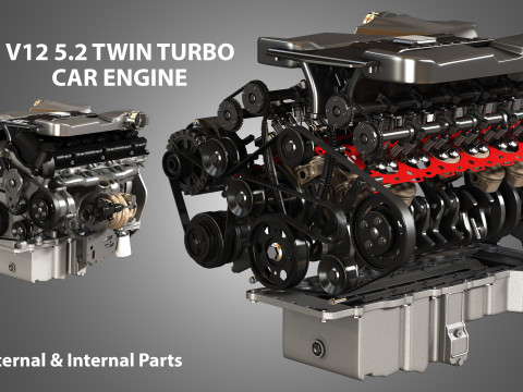 V12 Twin Turbo Car - Engine Full Internal and External Parts 3D Model