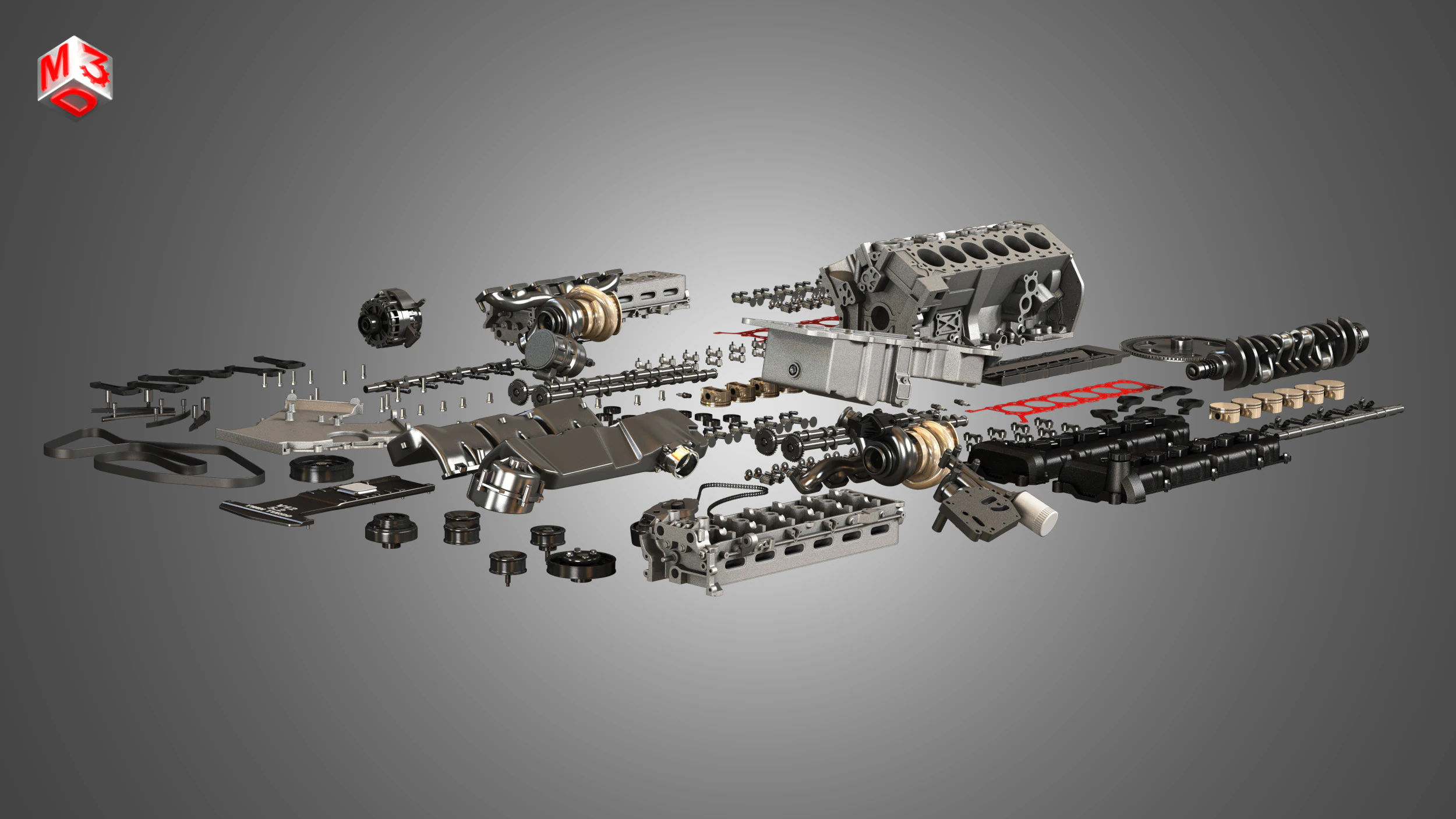 V12 Twin Turbo Disassembled Car Engine 3D Model .c4d .max .obj .3ds .fbx .stl .blend