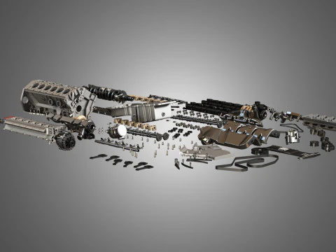 V12 Twin Turbo Disassembled Car Engine 3D Model