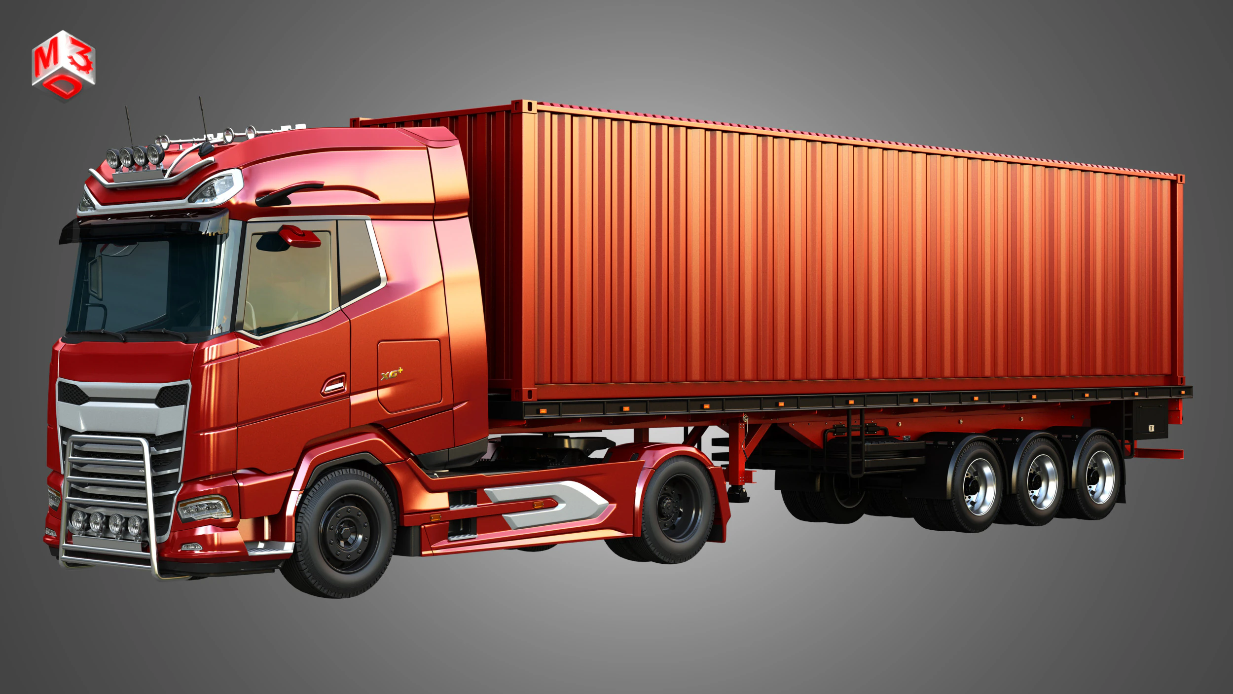 XG 530 Truck with 3-Axle Container Trailer 3D Model .c4d .max .obj .3ds .fbx .stl .blend 