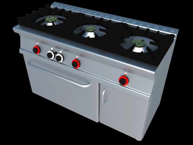 gas cooker 3 fires with oven industrial 3D Model .c4d .max .obj .3ds .fbx .stl .blend