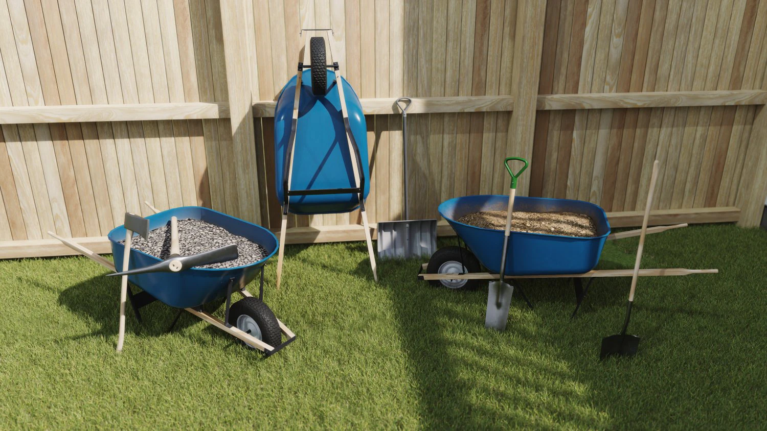 Outdoor Tools And Wheelbarrow 3D Model .c4d .max .obj .3ds .fbx .stl .blend