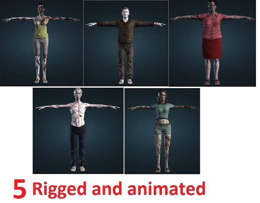 5 zombies rigged and animated 3D Model .c4d .max .obj .3ds .fbx .stl .blend
