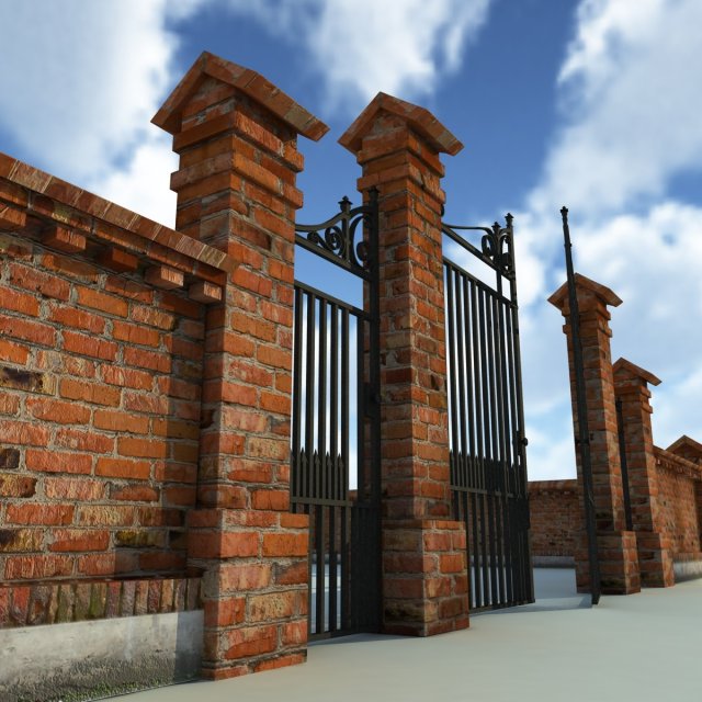 brick fence wall gate 3D Модель .c4d .max .obj .3ds .fbx .stl .blend 
