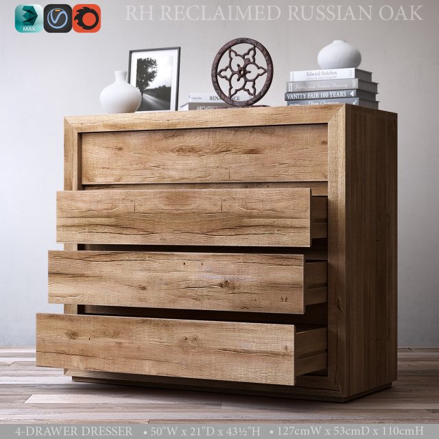 reclaimed russian oak 4-drawer dresser Modèle 3D .c4d .max .obj .3ds .fbx .stl .blend 