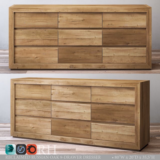 reclaimed russian oak 9-drawer dresser 3D Model .c4d .max .obj .3ds .fbx .stl .blend 