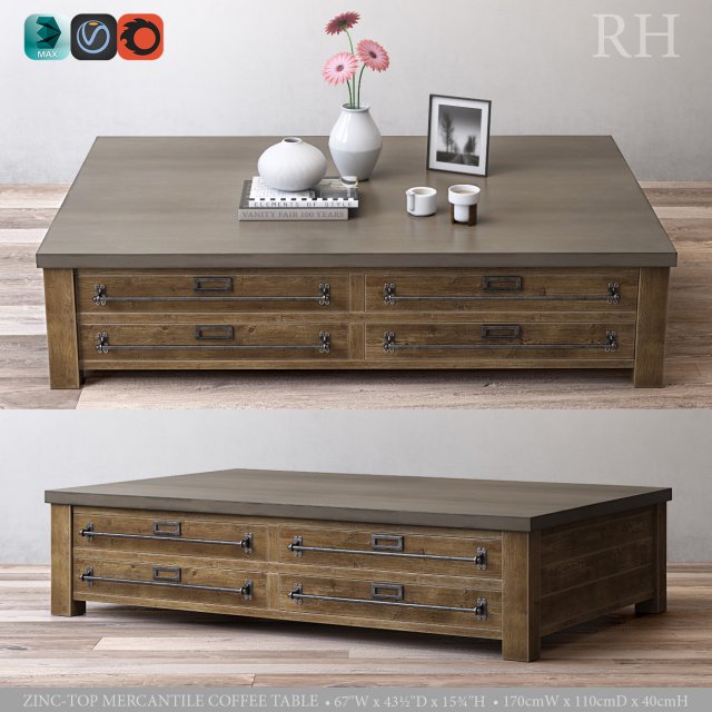 zinc-top mercantile coffee table 3D Model .c4d .max .obj .3ds .fbx .stl .blend 