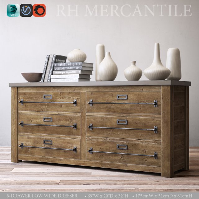mercantile 6-drawer low wide dresser 3D Model .c4d .max .obj .3ds .fbx .stl .blend 