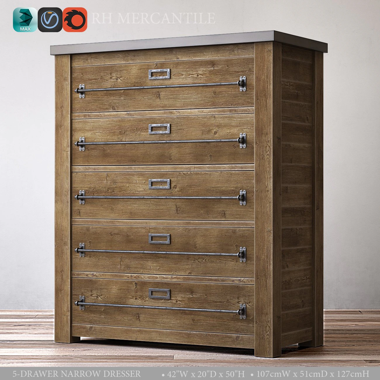 mercantile 5-drawer narrow dresser 3D Model .c4d .max .obj .3ds .fbx .stl .blend 