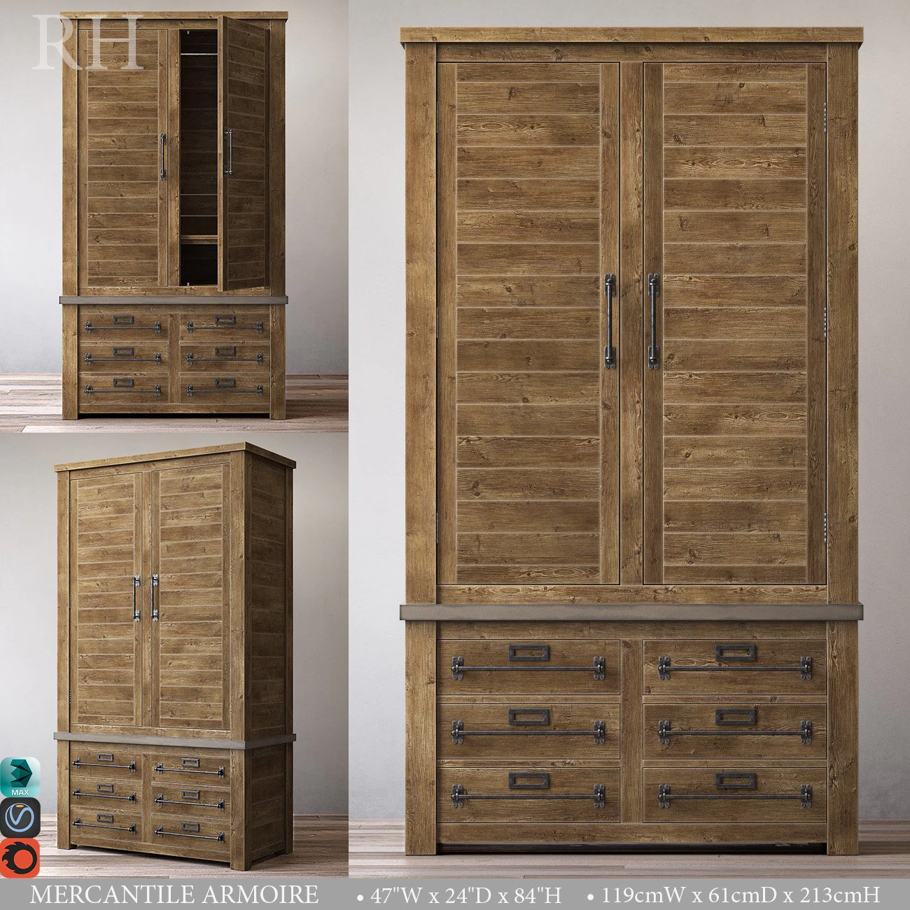 mercantile armoire 3D Model .c4d .max .obj .3ds .fbx .stl .blend