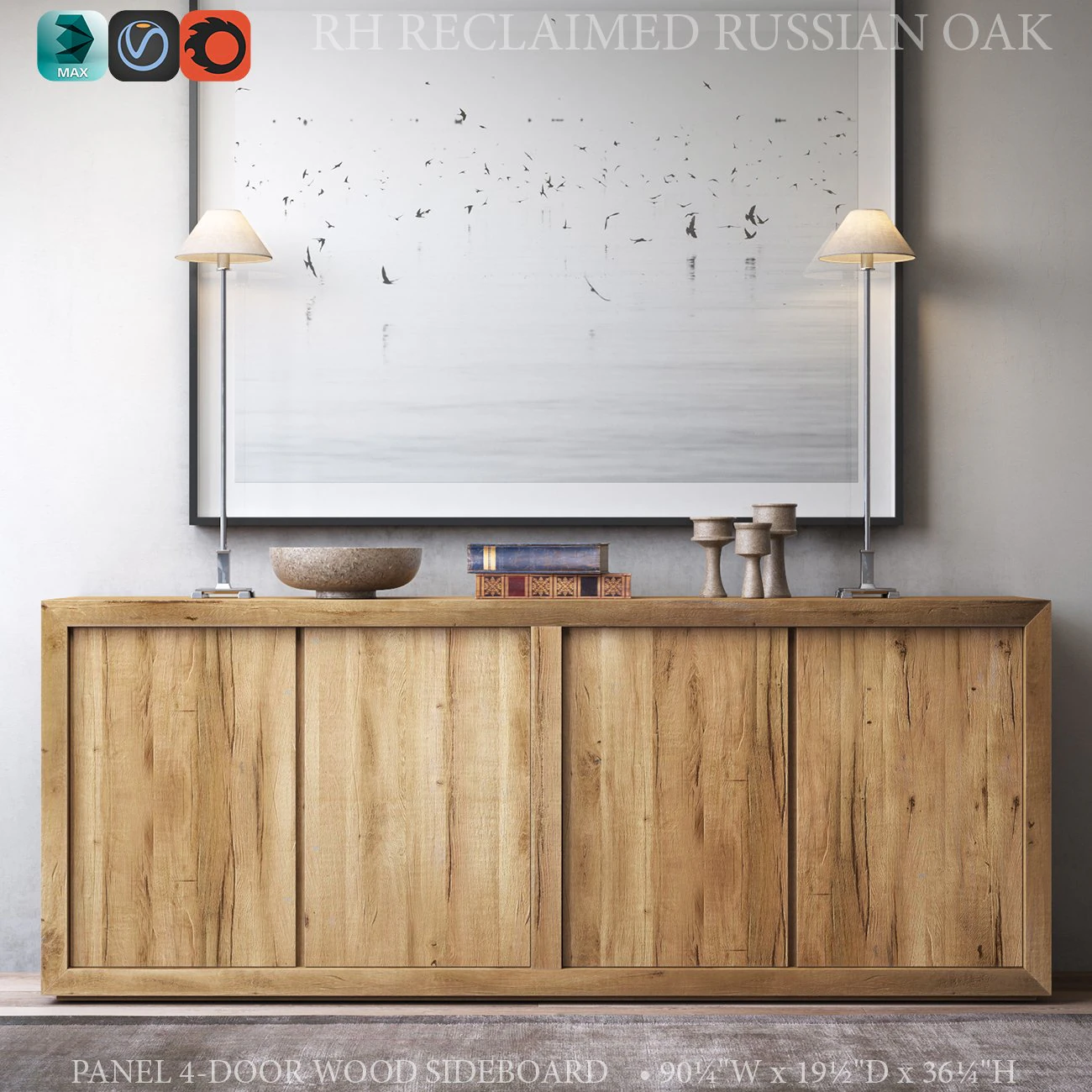 reclaimed russian oak panel 4-door wood sideboard 3D Model .c4d .max .obj .3ds .fbx .stl .blend