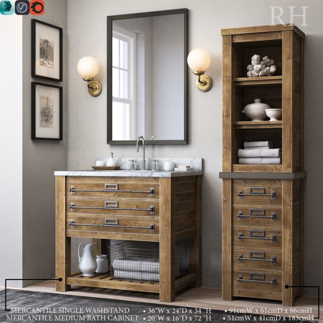 rh mercantile single washstand and mercantile medium bath cabinet 3D Модель .c4d .max .obj .3ds .fbx .stl .blend 