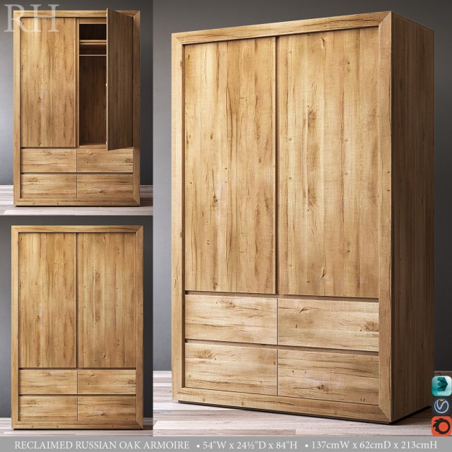 rh reclaimed russian oak armoire 3D Model .c4d .max .obj .3ds .fbx .stl .blend 