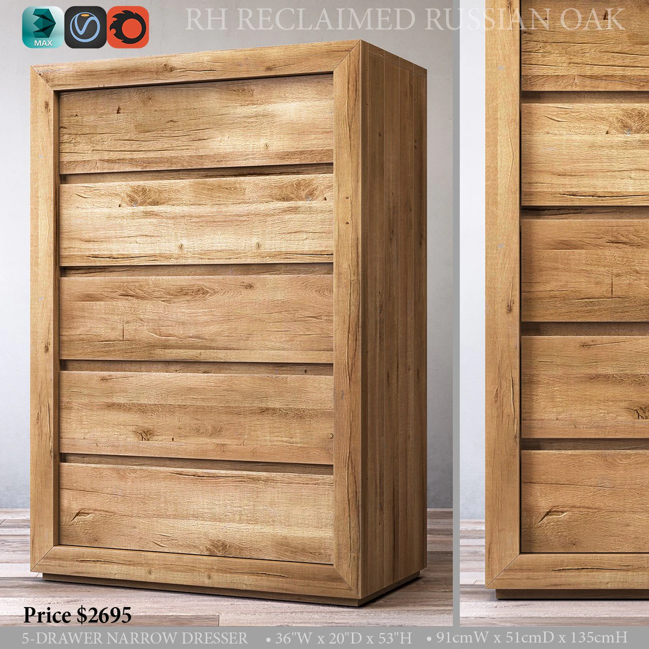 rh reclaimed russian oak 5-drawer narrow dresser 3D Model .c4d .max .obj .3ds .fbx .stl .blend 