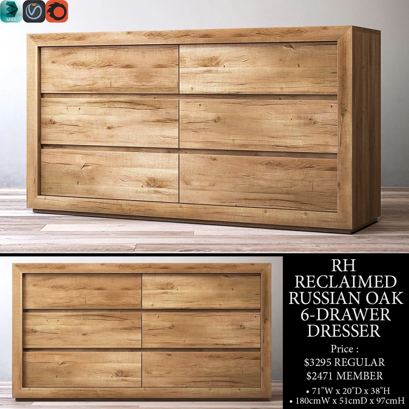 rh reclaimed russian oak 6-drawer dresser 3D Model .c4d .max .obj .3ds .fbx .stl .blend 