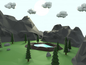 low poly mountain with crater lake scene 3D Model