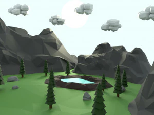 montagna low poly con scena di lago craterico Modello 3D