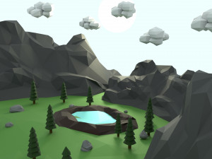 low poly mountain with crater lake scene 3D Model
