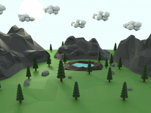 low poly mountain with crater lake scene 3D Model