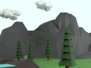 low poly mountain with crater lake scene 3D Model