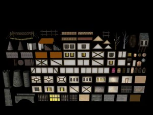 bâtiment médiéval low poly et éléments matériels Modèle 3D