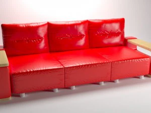 divano in pelle rossa con braccioli in legno Modello 3D