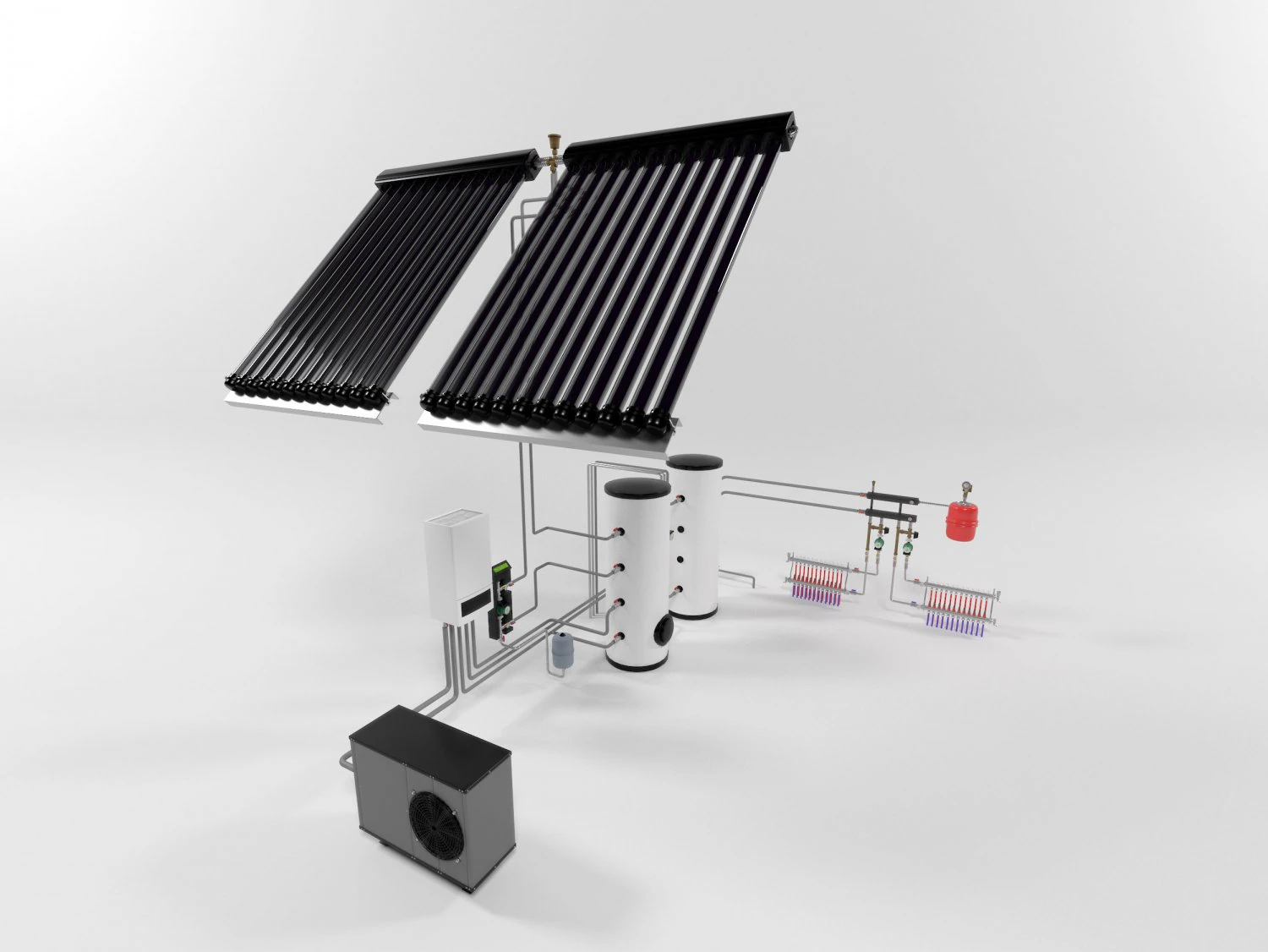 heating instalation with heat pump and solar system 3D Model .c4d .max .obj .3ds .fbx .stl .blend 