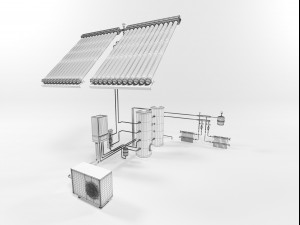 heating instalation with heat pump and solar system Model 3D