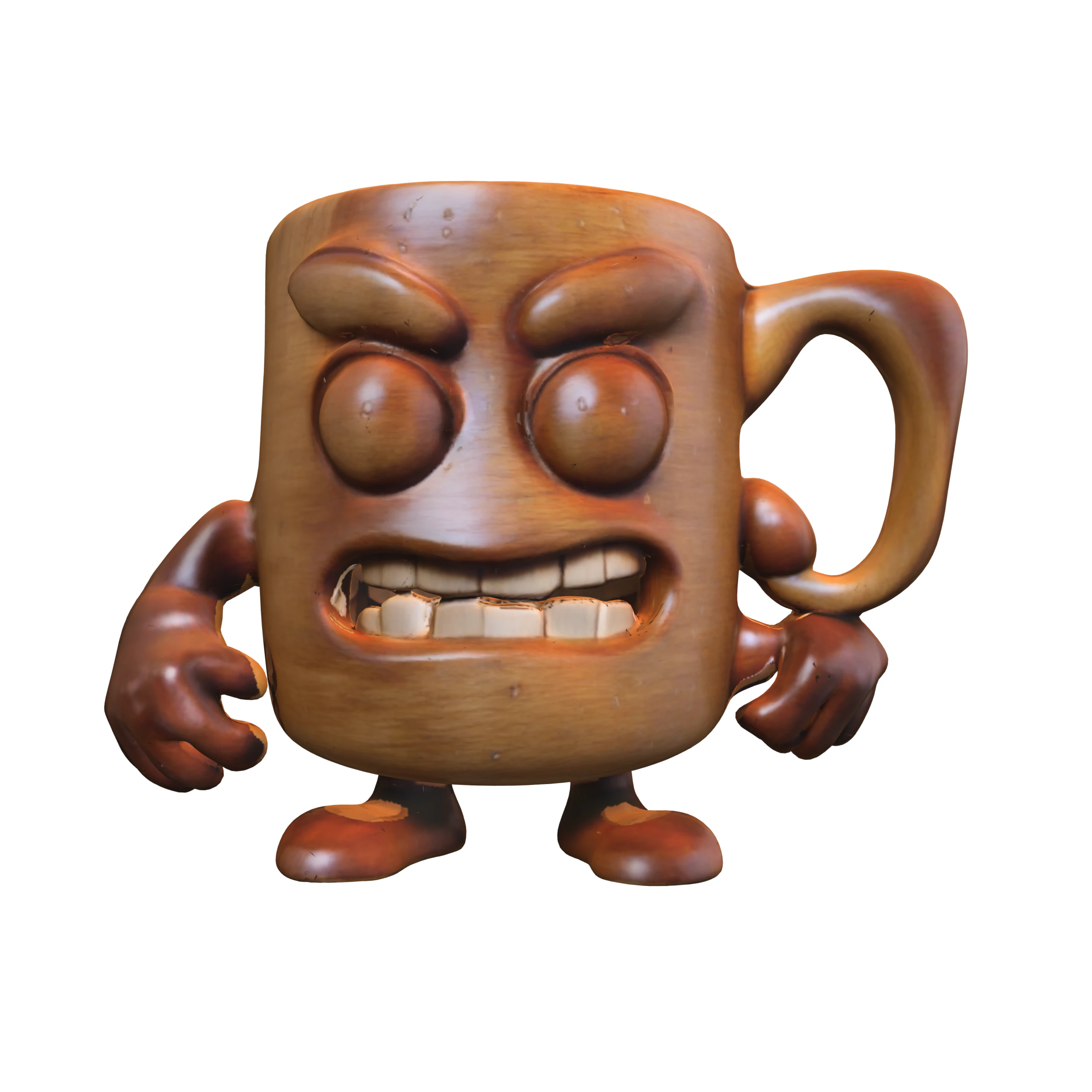 怒っている木製マグカップのキャラクター 3Dモデル .c4d .max .obj .3ds .fbx .stl .blend 