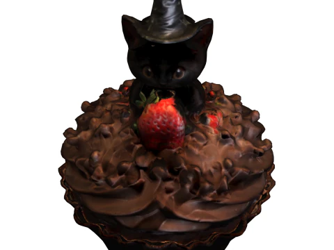 Cupcake al cioccolato con gatto strega Modello 3D