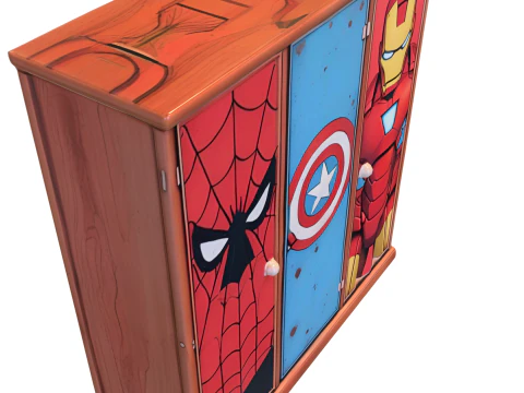 Superhero-Themed Wooden Cabinet 3D Model