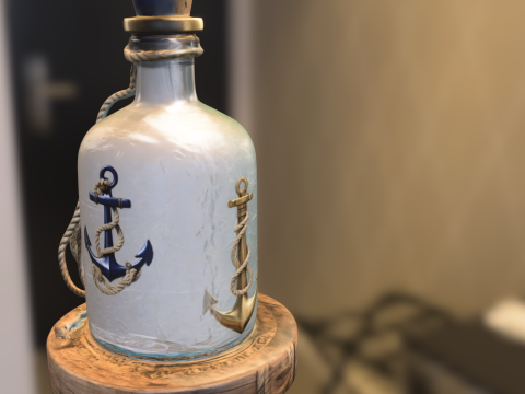 Nautical Glass Bottle with Rope Base and Anchor 3D Model