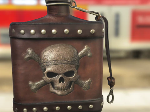 Pirate Skull Leather Flask 3D Model